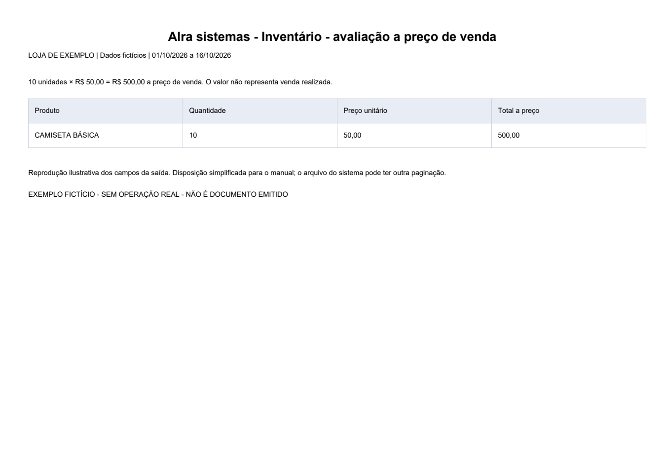Inventário - avaliação a preço de venda — Exemplo ilustrativo de impressão, em disposição simplificada. Todos os dados são fictícios. O formato pode variar conforme modelo e configuração da instalação.