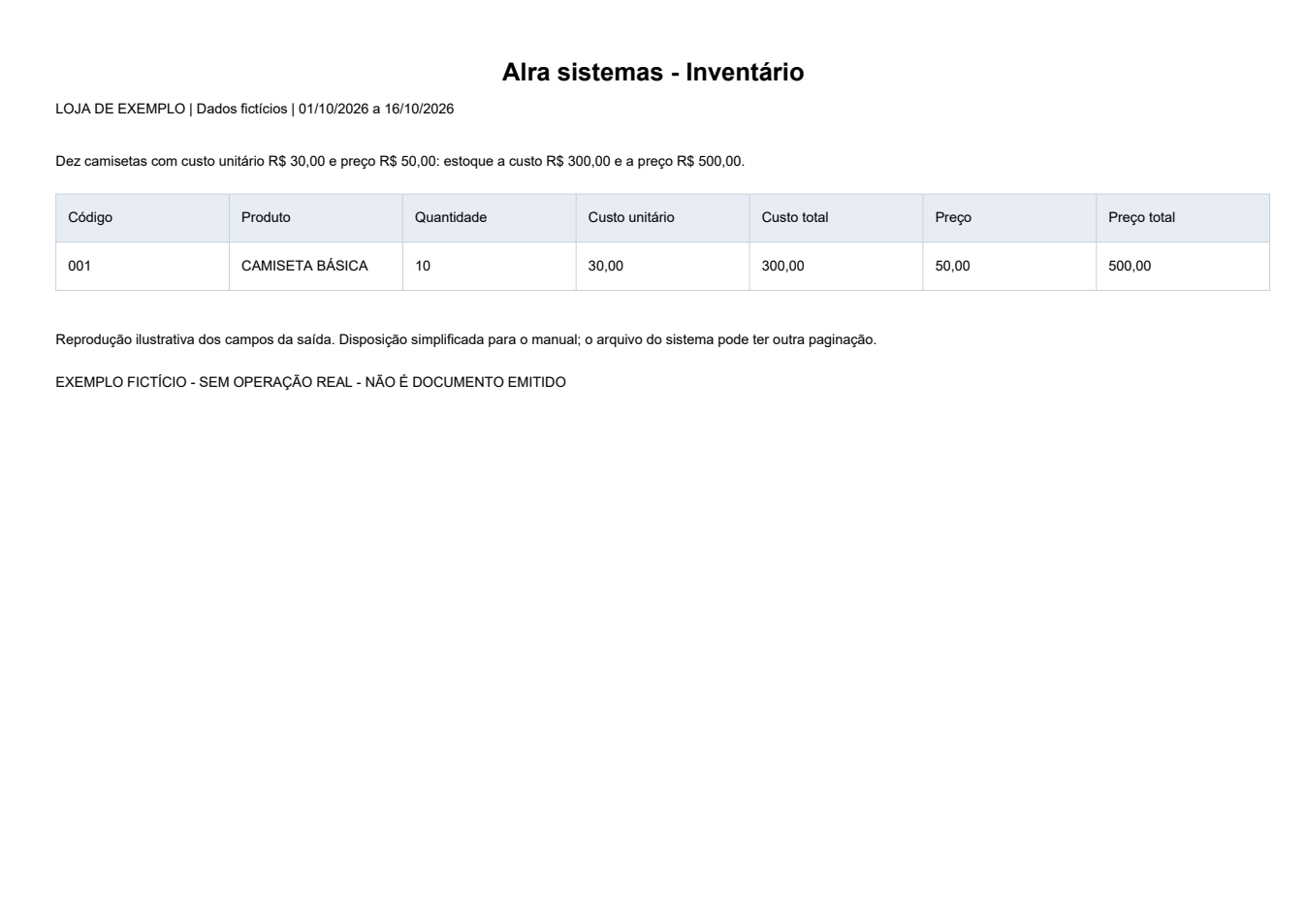 Inventário - exemplo de avaliação a custo — Exemplo ilustrativo de impressão, em disposição simplificada. Todos os dados são fictícios. O formato pode variar conforme modelo e configuração da instalação.