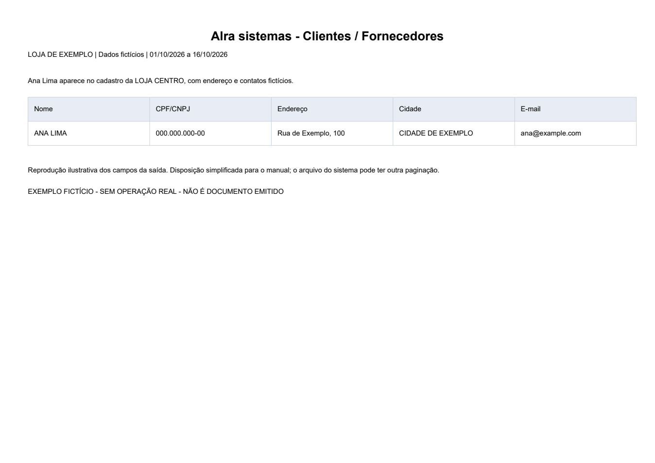 Clientes / Fornecedores — Exemplo ilustrativo de impressão, em disposição simplificada. Todos os dados são fictícios. O formato pode variar conforme modelo e configuração da instalação.
