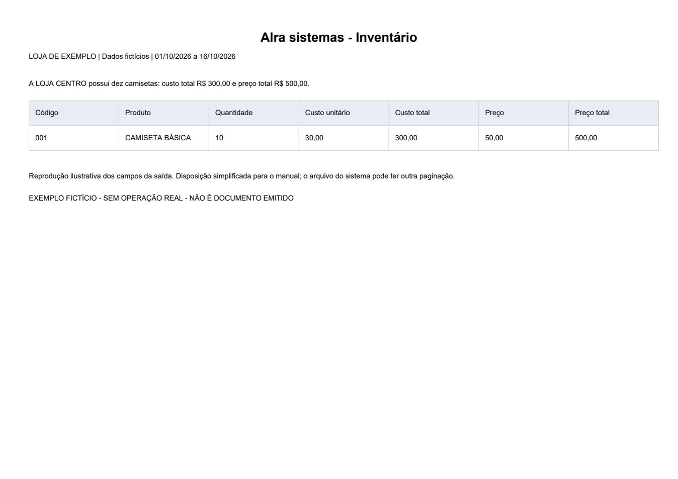 Inventário - exemplo de avaliação a custo — Exemplo ilustrativo de impressão, em disposição simplificada. Todos os dados são fictícios. O formato pode variar conforme modelo e configuração da instalação.